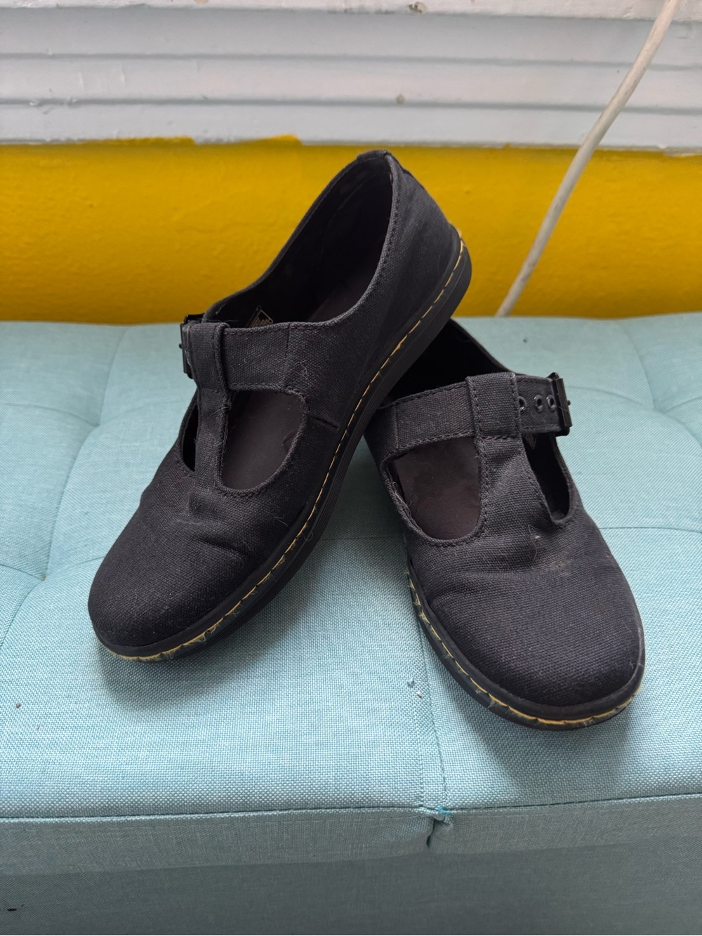Dr. Martens Black Canvas Mary Jane Flats with Yellow Stitching